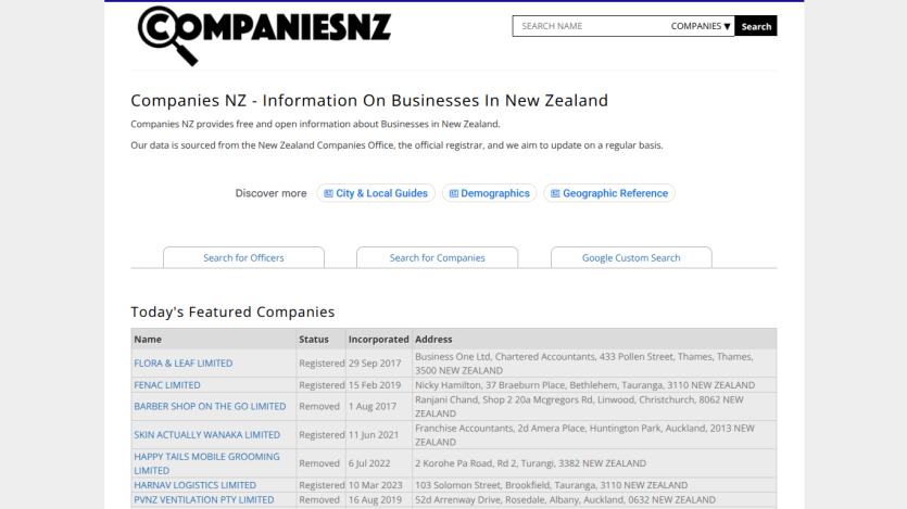 Companies NZ homepage displaying information on businesses in New Zealand and featured companies.