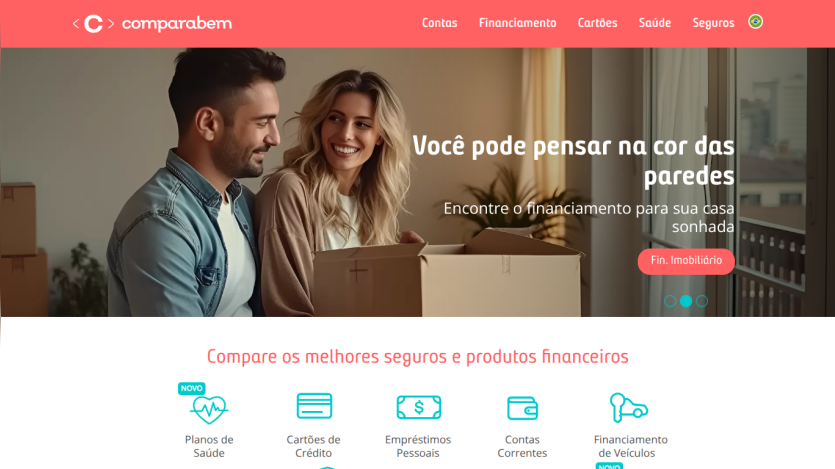 Homepage featuring a couple with moving boxes and a call to action for financial services.