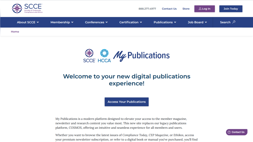 SCCE My Publications digital platform welcome page with access button and description of features