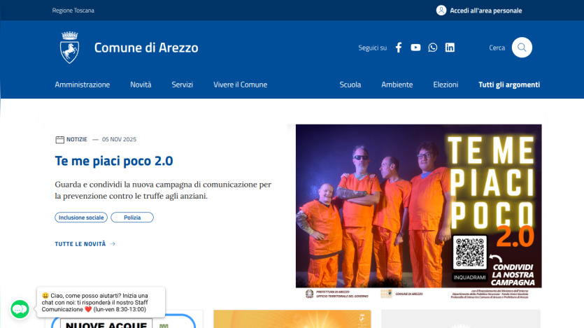 Comune di Arezzo website with news about anti-fraud campaign 'Te me piaci poco 2.0' and social inclusion and police tags