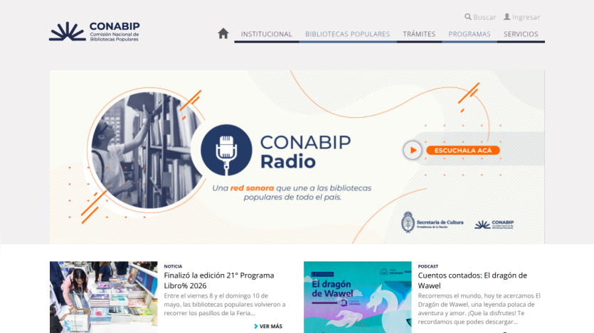Homepage of CONABIP featuring radio section and news highlights.