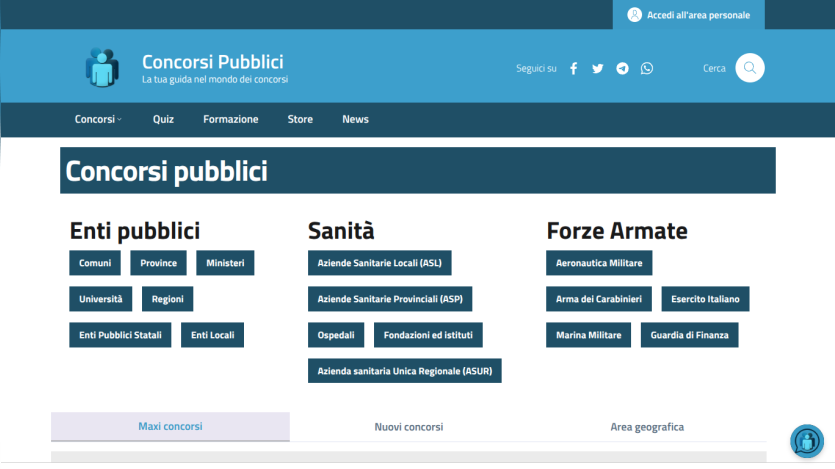 Homepage of Concorsi Pubblici featuring public competitions and categories for various sectors.