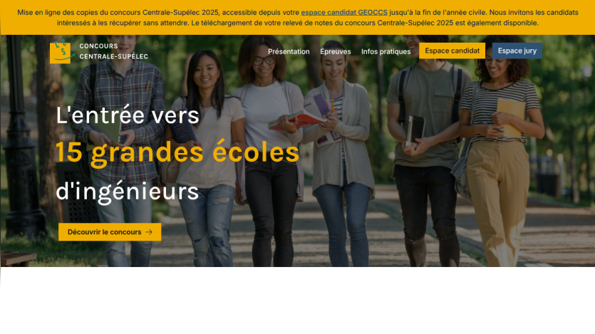 Homepage for Centrale-Supélec engineering school entrance exam with navigation and call to action to discover the contest.