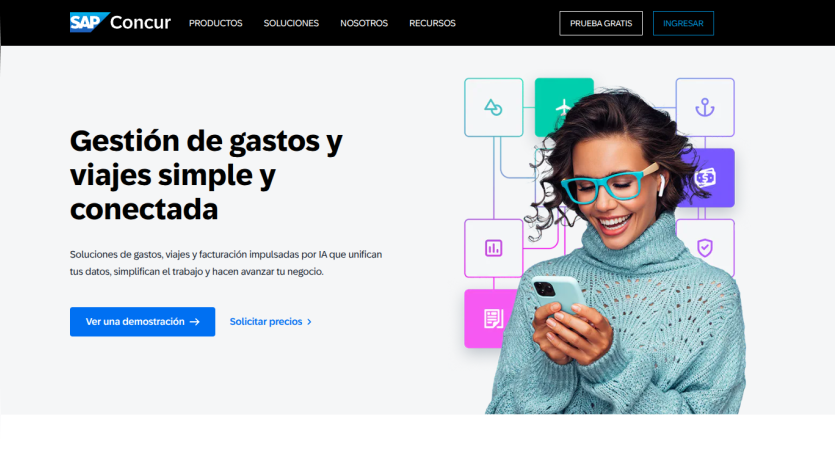 Website promoting expense management and travel solutions with a smiling woman using a smartphone.