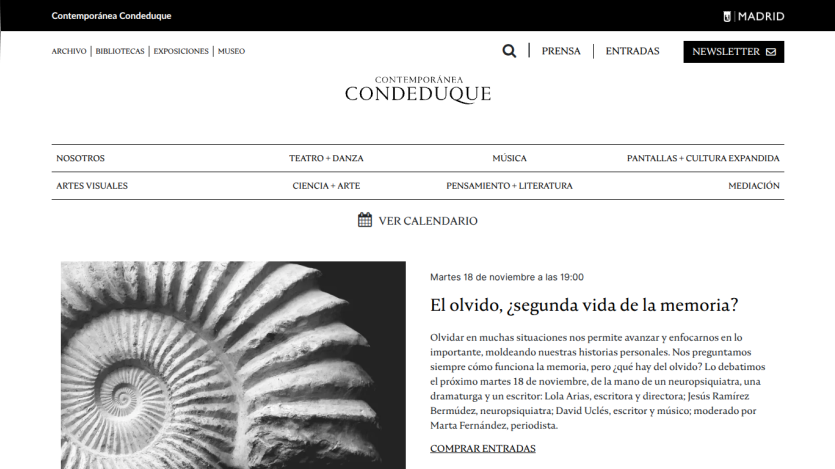Contemporánea Condeduque website showing event 'El olvido, ¿segunda vida de la memoria?' with date, description, and ticket link
