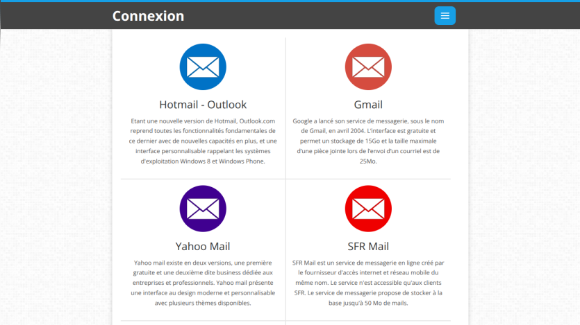 Email service options including Hotmail, Gmail, Yahoo Mail, and SFR Mail.