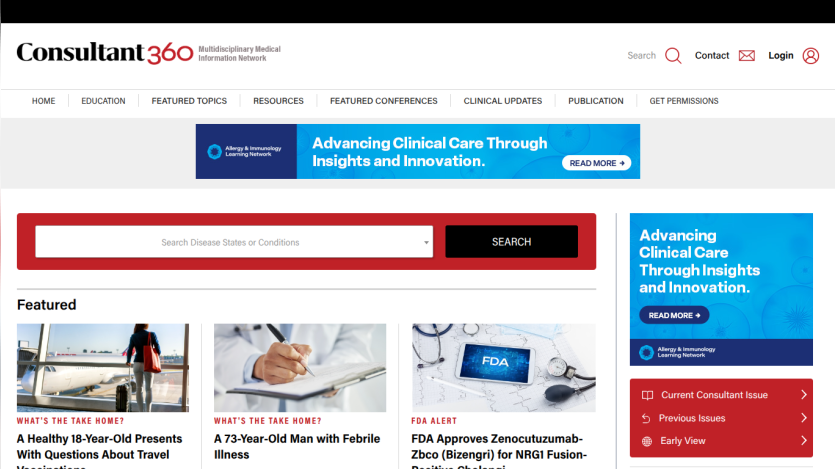 Consultant 360 homepage featuring health articles and a search bar.