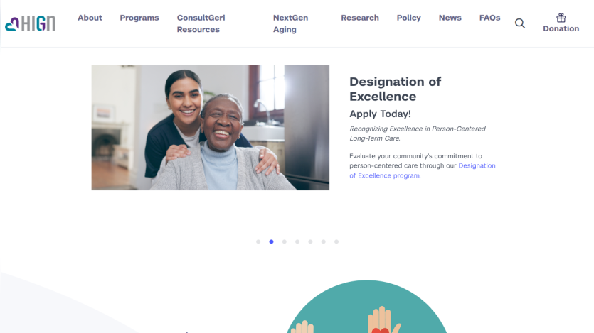 Homepage featuring 'Designation of Excellence' with an application prompt and smiling individuals.