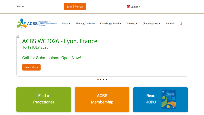 Association for Contextual Behavioral Science homepage with event announcement for ACBS WC2026 in Lyon, France and navigation options