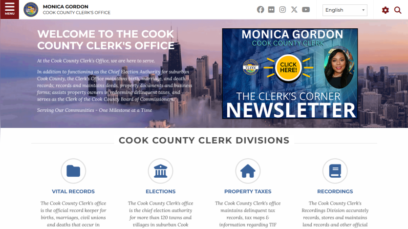 Cook County Clerk's Office welcome page with navigation links and newsletter promotion featuring Monica Gordon