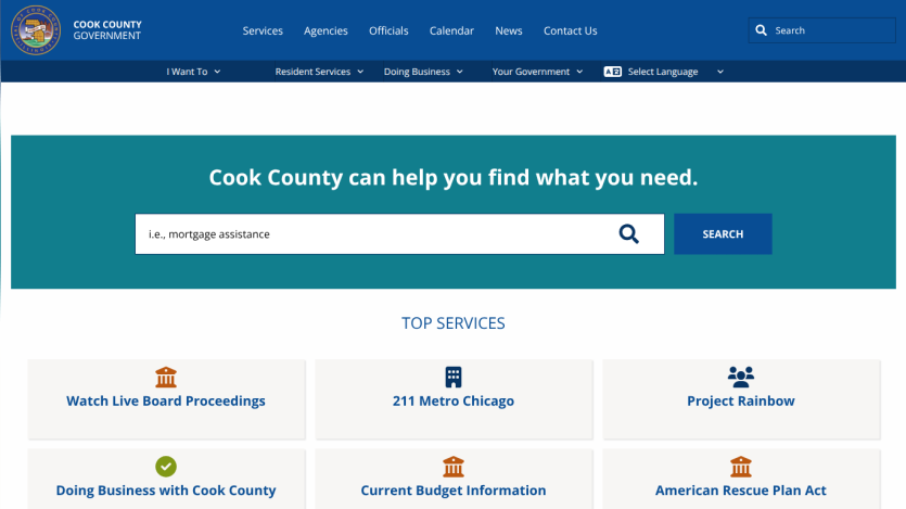 Cook County website with a search bar and top services listed.