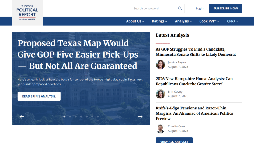 Proposed Texas map article headline with navigation and latest analysis links.