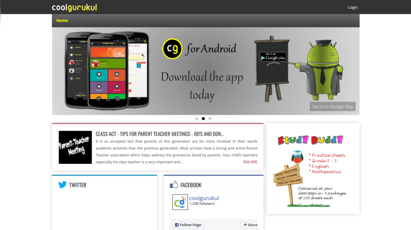 Homepage of CoolGurukul featuring app download prompt and various app screenshots.