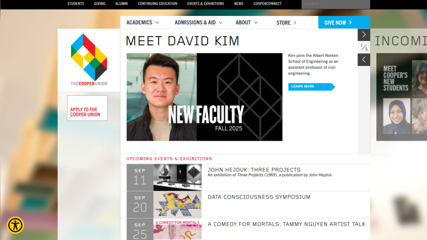 Introduction of new faculty member David Kim for Fall 2023 with upcoming events listed.