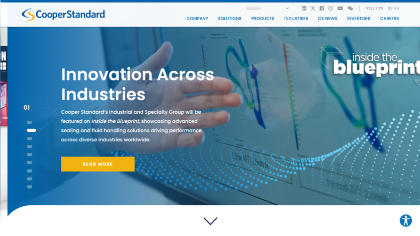 Cooper Standard homepage featuring innovation across industries with advanced sealing and fluid handling solutions.