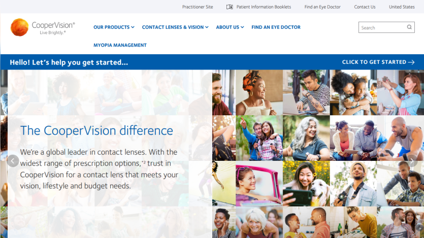 CooperVision homepage featuring the tagline and diverse images of people using contact lenses.