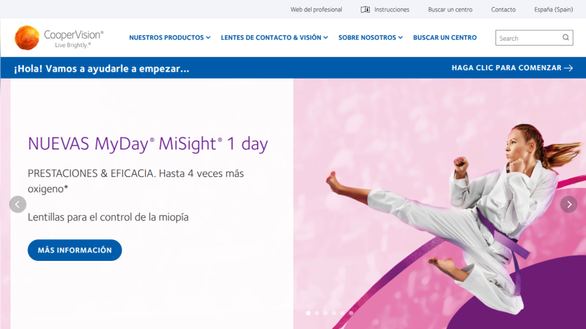 Promotional banner for MyDay MiSight 1 day lenses with a woman performing a kick.