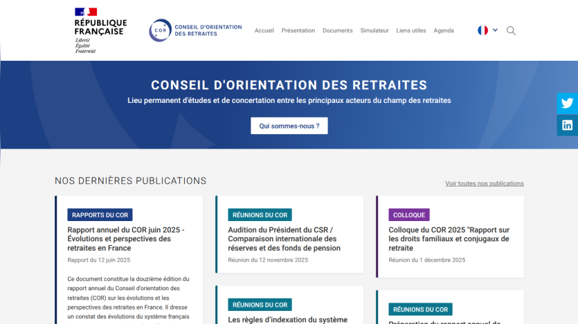 French Conseil d'Orientation des Retraites homepage with navigation, hero section about retirement studies, and latest publications
