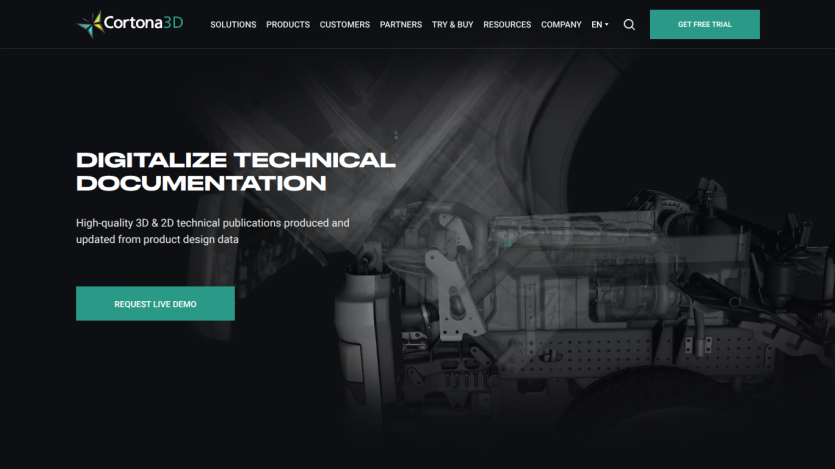 Cortona3D website offering digitalization of technical documentation with a call to action for a live demo