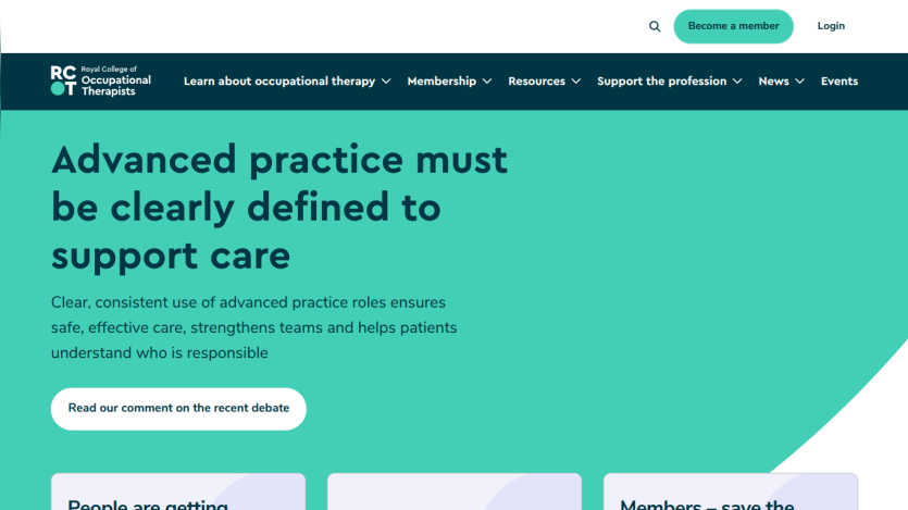 Homepage featuring a headline about defining advanced practice in occupational therapy.