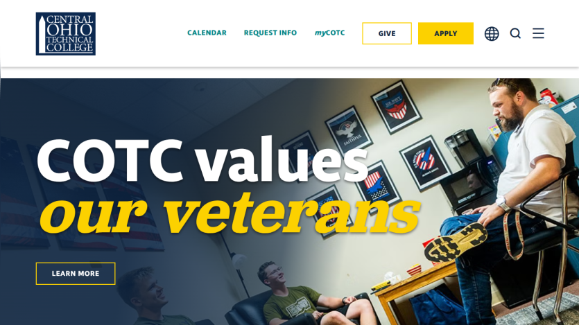 Central Ohio Technical College homepage highlighting support for veterans with a learn more button
