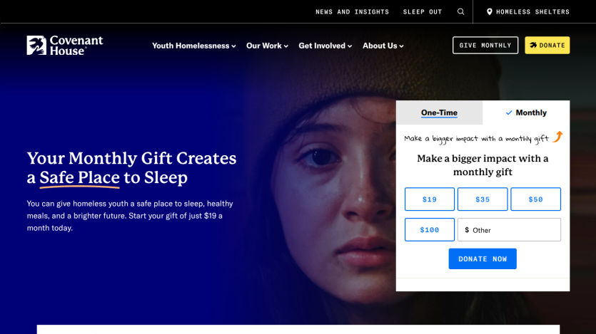 Homepage header with navigation menu and hero section featuring a promotional banner and call-to-action button
