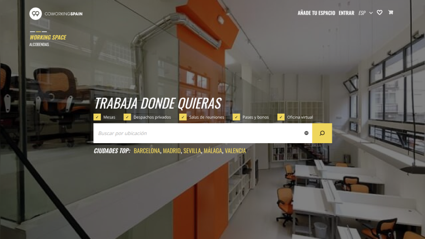 Workspace website featuring a search bar and modern office interior.