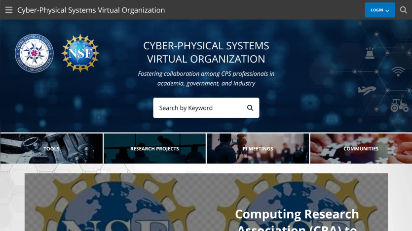 Homepage of Cyber-Physical Systems Virtual Organization with search bar and key sections visible.