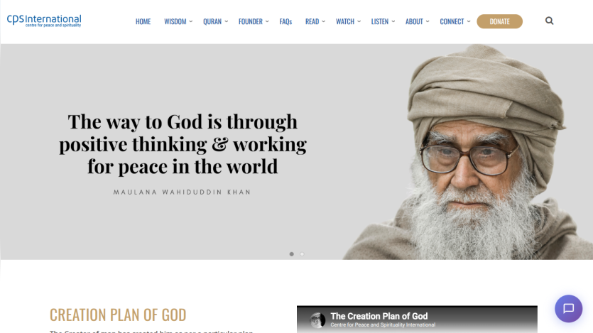 Website header featuring a quote about positive thinking and peace, with an image of an elderly man.