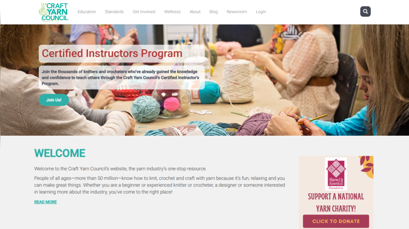 Craft Yarn Council website promoting Certified Instructors Program with knitting group image and welcome message