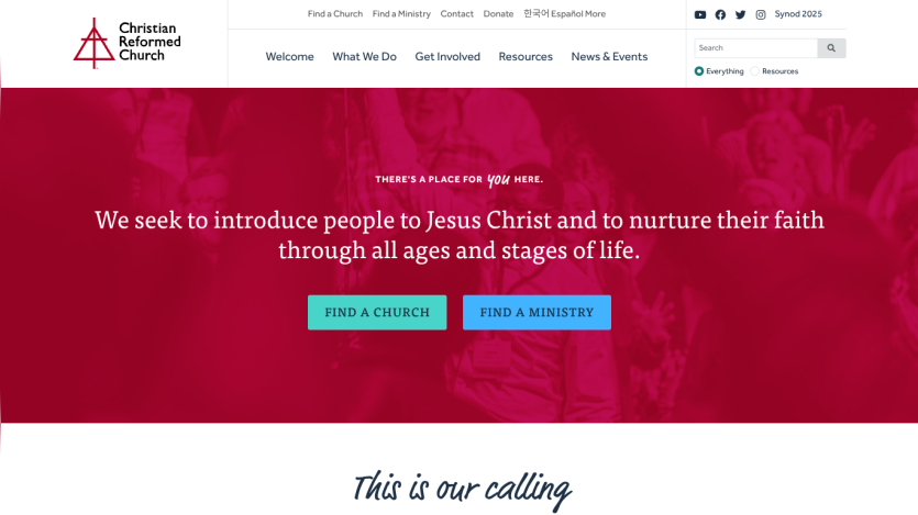 Homepage of Christian Reformed Church with mission statement and buttons to find a church or ministry.