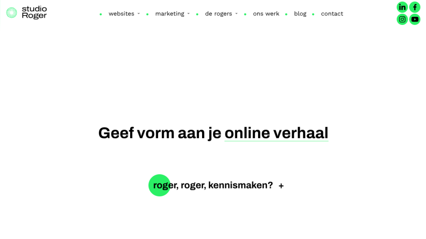 Studio Roger website header with navigation and headline 'Geef vorm aan je online verhaal'