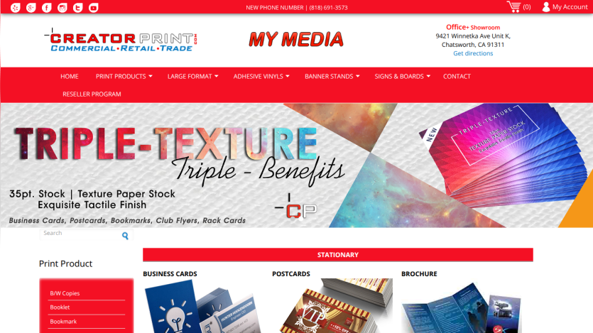 Promotional banner for 'Triple-Texture' paper stock with benefits listed.