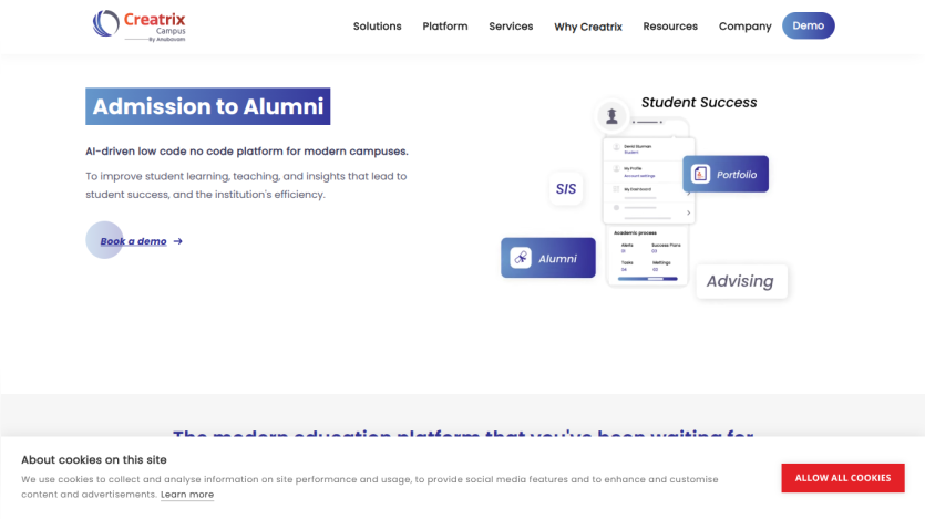 Admission to Alumni section highlighting student success and advising services.
