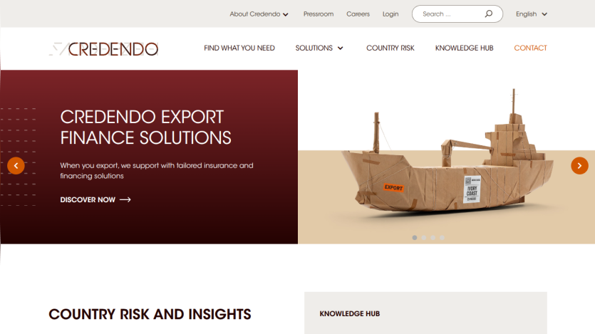 Credendo export finance solutions with tailored insurance and financing support, navigation menu, and a cardboard ship image