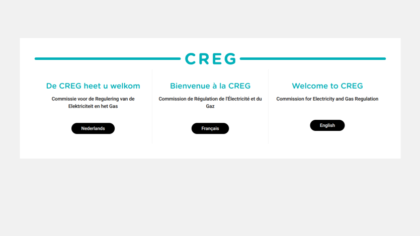 Welcome page of CREG with language options in Dutch, French, and English for electricity and gas regulation commission