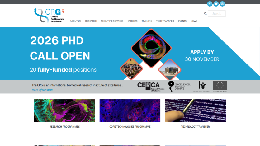 Centre for Genomic Regulation website announcing 2026 PhD call open with 20 fully-funded positions, apply by 30 November