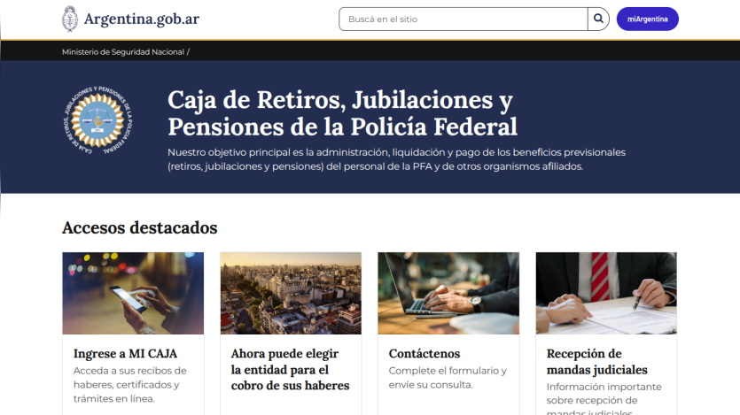 Caja de Retiros, Jubilaciones y Pensiones de la Policía Federal homepage with main objective and featured access links
