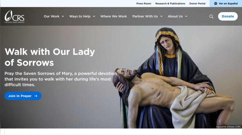 Main banner promoting a devotional prayer to Our Lady of Sorrows.