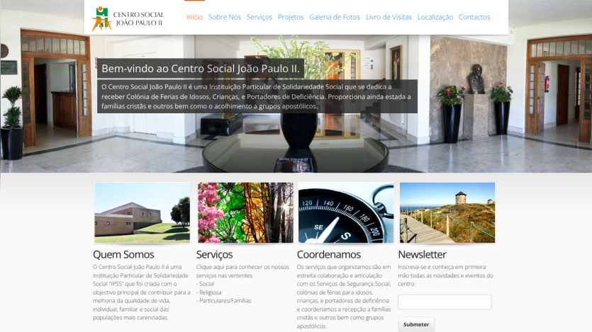 Homepage of Centro Social João Paulo II with navigation and introductory text.