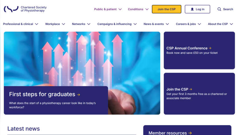 Homepage of the Chartered Society of Physiotherapy featuring resources for graduates and latest news.