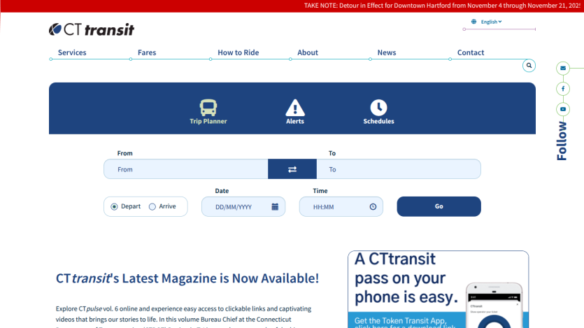 CTtransit homepage with navigation menu and trip planner form for planning trips by date and time