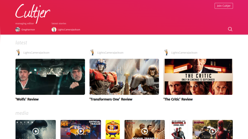Cultjer movie review site with latest stories and media trailers including 'Wolfs', 'Transformers One', and 'The Critic'