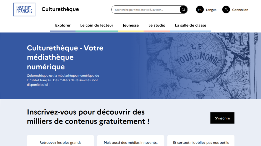 Culturethèque digital media library homepage of Institut français with navigation and sign-up invitation