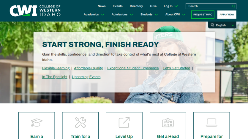 Homepage of College of Western Idaho featuring a motivational message and navigation options.