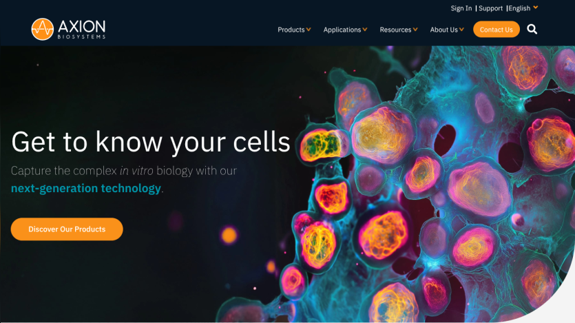 Axion Biosystems homepage with navigation and hero section promoting next-generation technology to capture complex in vitro biology
