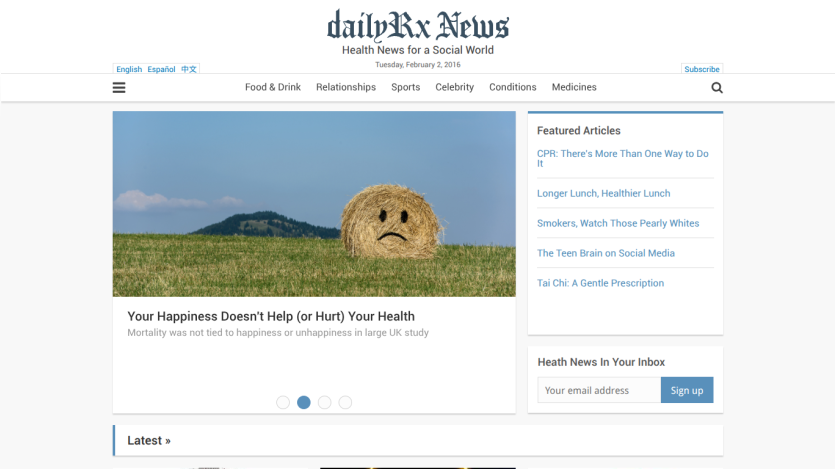 Homepage of DailyXX News featuring an article about happiness and health.