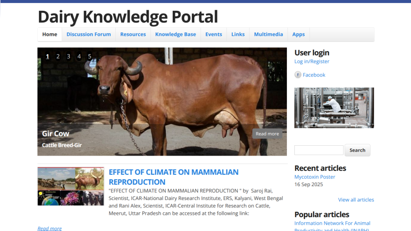Homepage of Dairy Knowledge Portal featuring articles and a cow image.