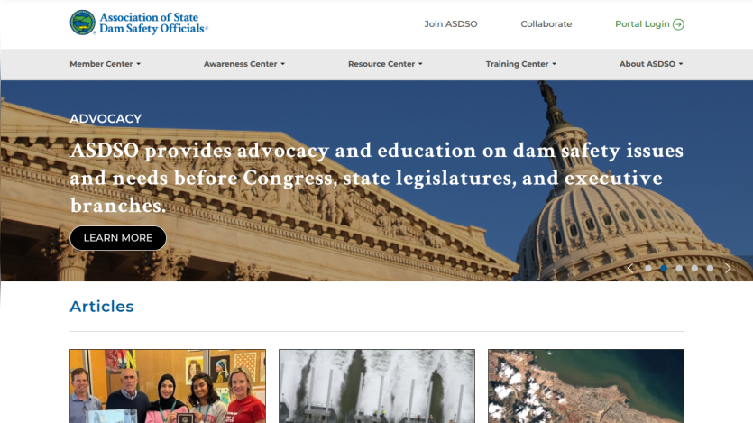 ASDSO advocacy for dam safety issues with navigation menu and articles section visible.