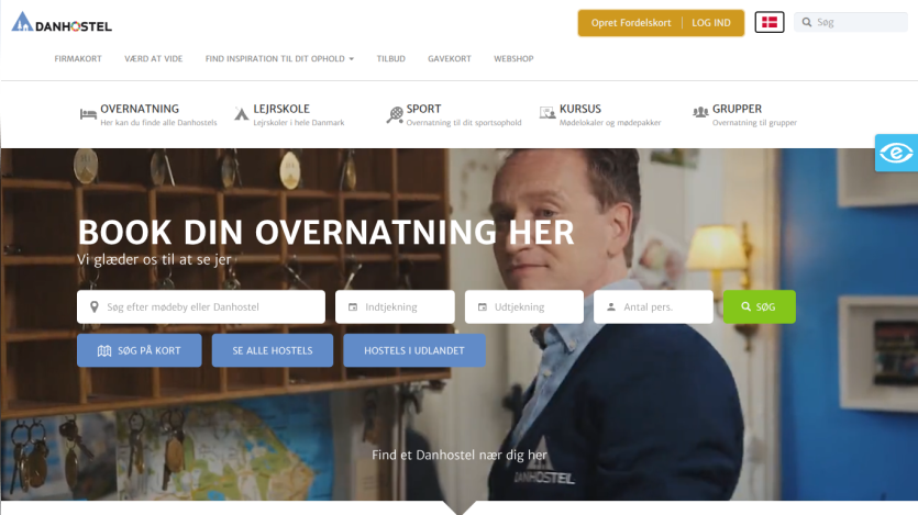 Danhostel website with booking search fields and options for hostels, camps, sports stays, courses, and groups
